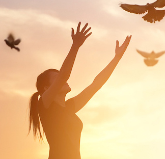 Woman Reaching Upward Toward Birds Woman Reaching Upward Toward Birds